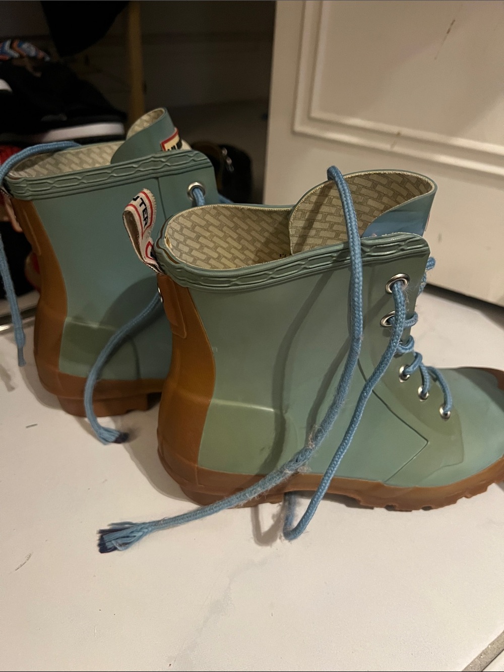 Hunter Two-Tone Lace-Up Rain Boots in Seafoam Green and Brown - Picture 5 of 6